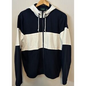 J.Crew Men's Medium Hooded Rugby Jacket Blue White Striped Canvas‎ Full Zip
